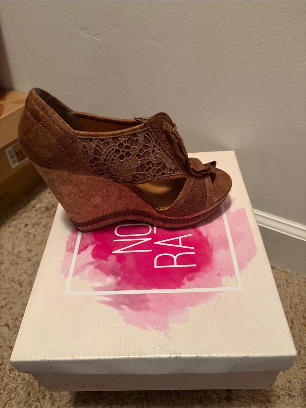 Madden Girl Brown Lace Peep-Toe Cork Wedges